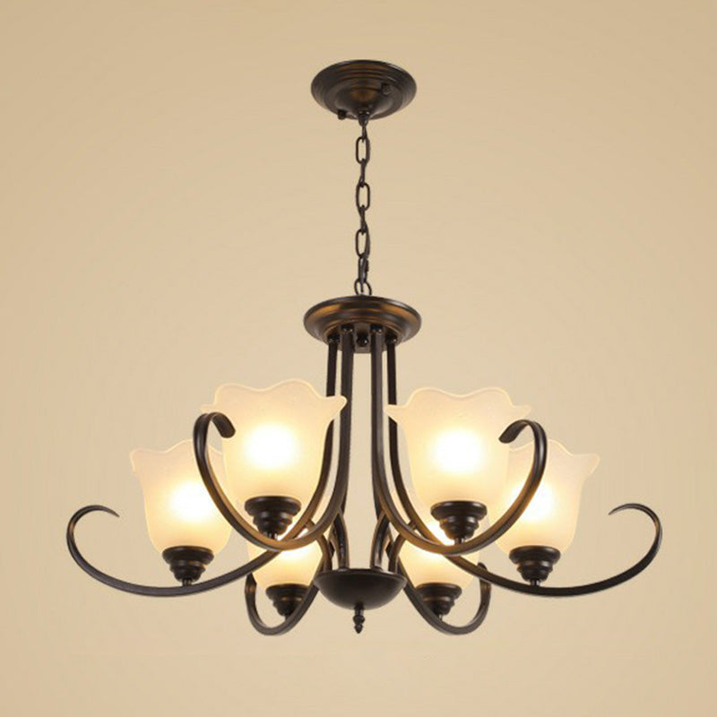 Classic Floral Chandelier Lighting Iron Pendant Light with Ruffled Cream Glass Shade 6 Black Clearhalo 'Ceiling Lights' 'Chandeliers' 'Close To Ceiling Lights' 'Glass shade' 'Glass' Lighting' 2091978