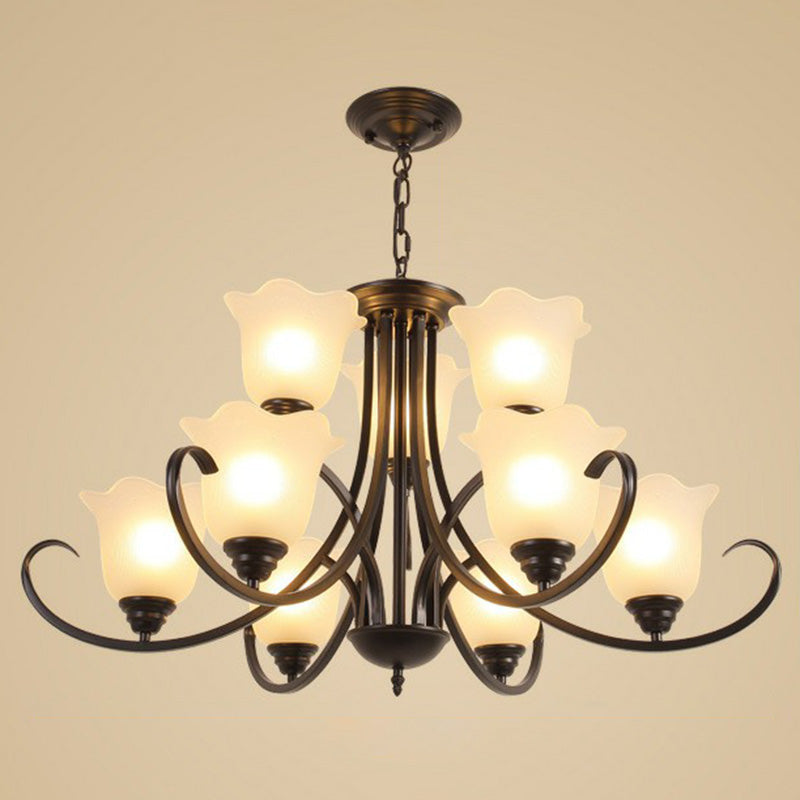Classic Floral Chandelier Lighting Iron Pendant Light with Ruffled Cream Glass Shade 9 Black Clearhalo 'Ceiling Lights' 'Chandeliers' 'Close To Ceiling Lights' 'Glass shade' 'Glass' Lighting' 2091979