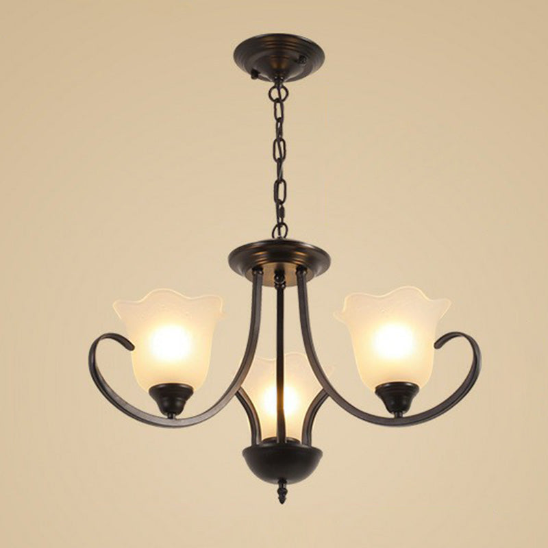 Classic Floral Chandelier Lighting Iron Pendant Light with Ruffled Cream Glass Shade 3 Black Clearhalo 'Ceiling Lights' 'Chandeliers' 'Close To Ceiling Lights' 'Glass shade' 'Glass' Lighting' 2091980