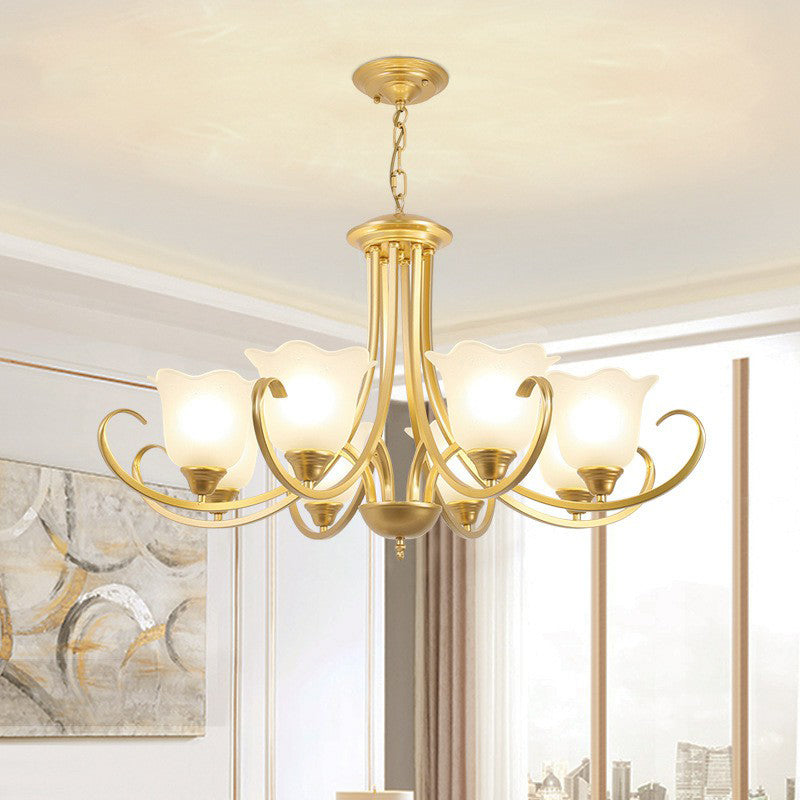 Classic Floral Chandelier Lighting Iron Pendant Light with Ruffled Cream Glass Shade Clearhalo 'Ceiling Lights' 'Chandeliers' 'Close To Ceiling Lights' 'Glass shade' 'Glass' Lighting' 2091981