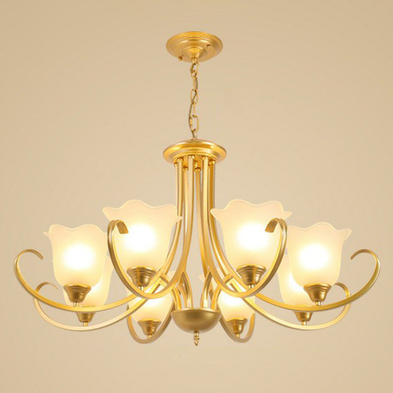 Classic Floral Chandelier Lighting Iron Pendant Light with Ruffled Cream Glass Shade 8 Gold Clearhalo 'Ceiling Lights' 'Chandeliers' 'Close To Ceiling Lights' 'Glass shade' 'Glass' Lighting' 2091982