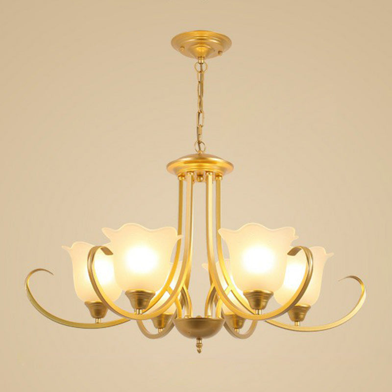 Classic Floral Chandelier Lighting Iron Pendant Light with Ruffled Cream Glass Shade 6 Gold Clearhalo 'Ceiling Lights' 'Chandeliers' 'Close To Ceiling Lights' 'Glass shade' 'Glass' Lighting' 2091983