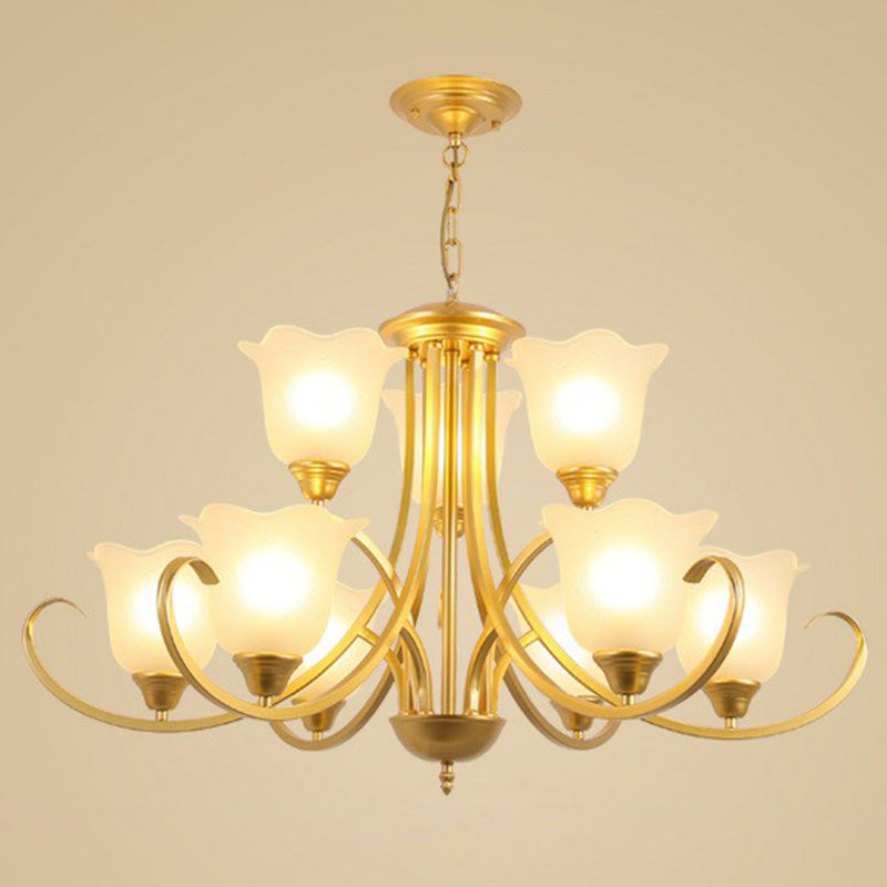 Classic Floral Chandelier Lighting Iron Pendant Light with Ruffled Cream Glass Shade 9 Gold Clearhalo 'Ceiling Lights' 'Chandeliers' 'Close To Ceiling Lights' 'Glass shade' 'Glass' Lighting' 2091984