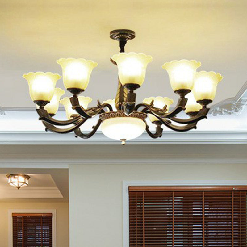 Frost Glass Gold-Black Chandelier Light Floral Retro Pendant Light Fixture for Dining Room Clearhalo 'Ceiling Lights' 'Chandeliers' Lighting' options 2092074