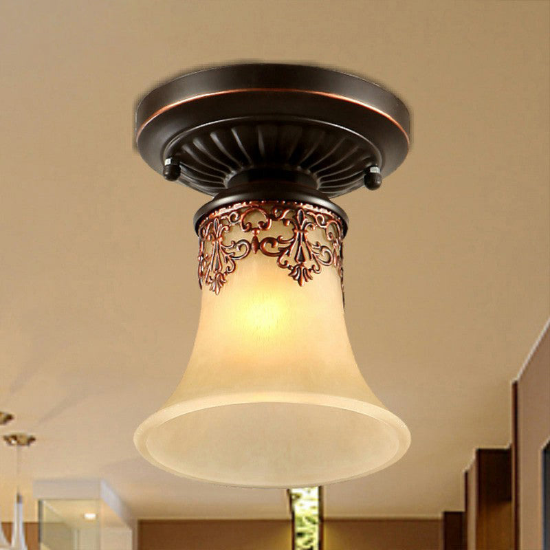 Flared Shaped Frost Beige Glass Flush Mount Light Retro 1-Light Entryway Semi Flush Ceiling Light with Filigree Beige Clearhalo 'Ceiling Lights' 'Close To Ceiling Lights' 'Close to ceiling' 'Flush mount' Lighting' 2092158