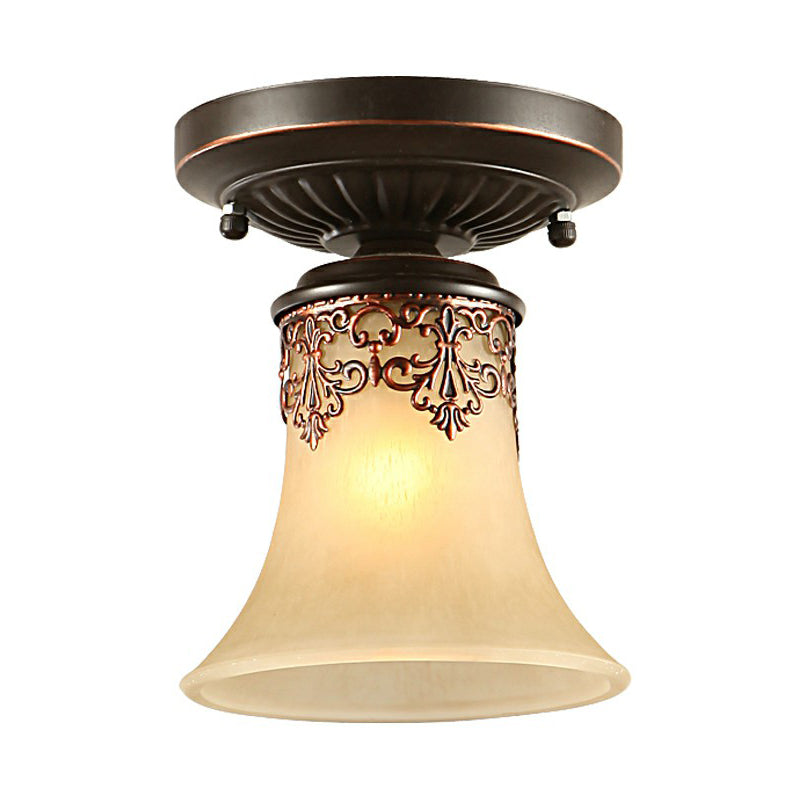 Flared Shaped Frost Beige Glass Flush Mount Light Retro 1-Light Entryway Semi Flush Ceiling Light with Filigree Clearhalo 'Ceiling Lights' 'Close To Ceiling Lights' 'Close to ceiling' 'Flush mount' Lighting' 2092160