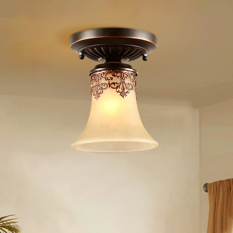Flared Shaped Frost Beige Glass Flush Mount Light Retro 1-Light Entryway Semi Flush Ceiling Light with Filigree Clearhalo 'Ceiling Lights' 'Close To Ceiling Lights' 'Close to ceiling' 'Flush mount' Lighting' 2092161