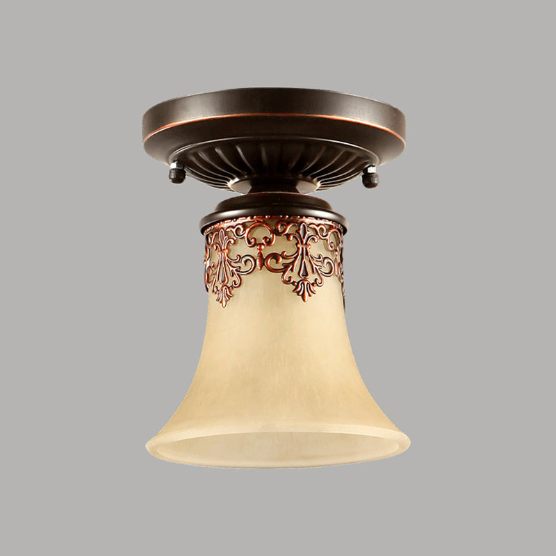 Flared Shaped Frost Beige Glass Flush Mount Light Retro 1-Light Entryway Semi Flush Ceiling Light with Filigree Clearhalo 'Ceiling Lights' 'Close To Ceiling Lights' 'Close to ceiling' 'Flush mount' Lighting' 2092162