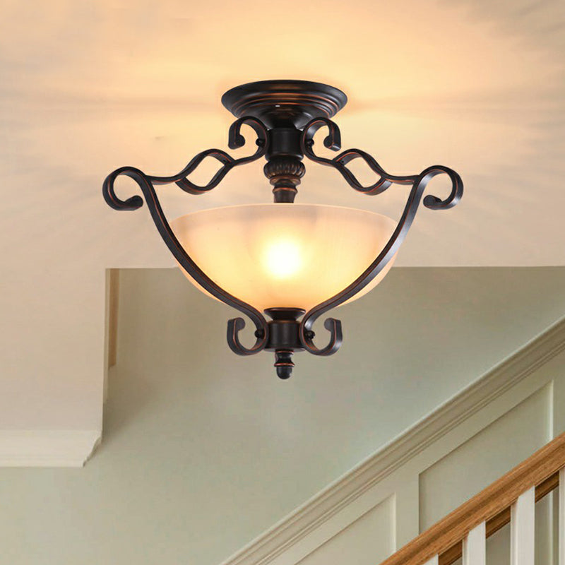 Copper Single Semi Flush Light Rustic Iron Scrolled Ceiling Flush Mount with Bowl Beige Glass Shade Clearhalo 'Ceiling Lights' 'Close To Ceiling Lights' 'Close to ceiling' 'Semi-flushmount' Lighting' 2092164