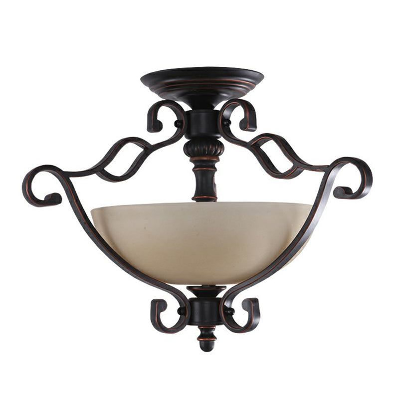 Copper Single Semi Flush Light Rustic Iron Scrolled Ceiling Flush Mount with Bowl Beige Glass Shade Clearhalo 'Ceiling Lights' 'Close To Ceiling Lights' 'Close to ceiling' 'Semi-flushmount' Lighting' 2092166