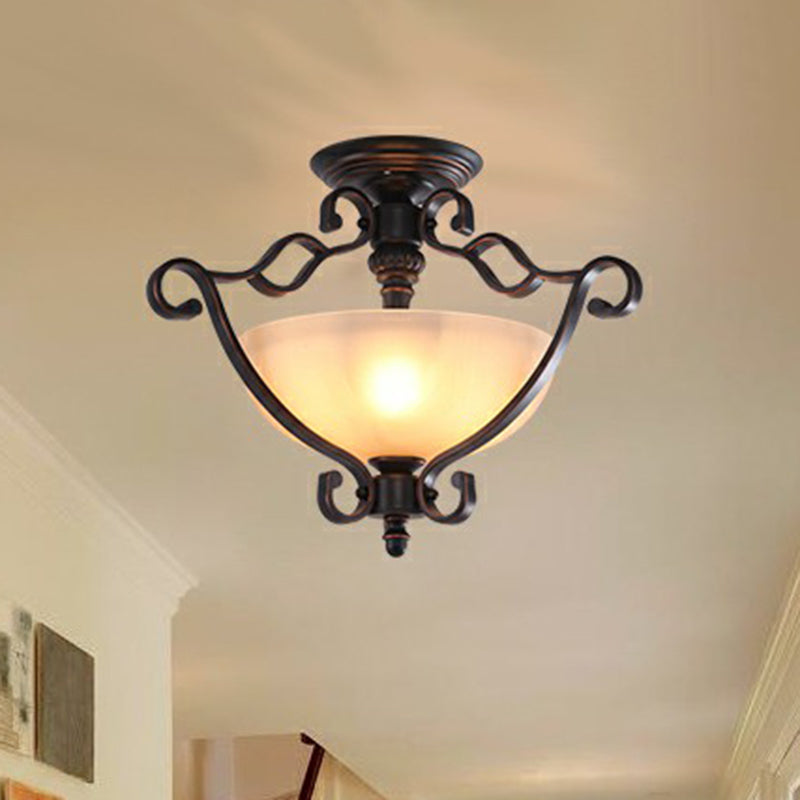 Copper Single Semi Flush Light Rustic Iron Scrolled Ceiling Flush Mount with Bowl Beige Glass Shade Clearhalo 'Ceiling Lights' 'Close To Ceiling Lights' 'Close to ceiling' 'Semi-flushmount' Lighting' 2092167