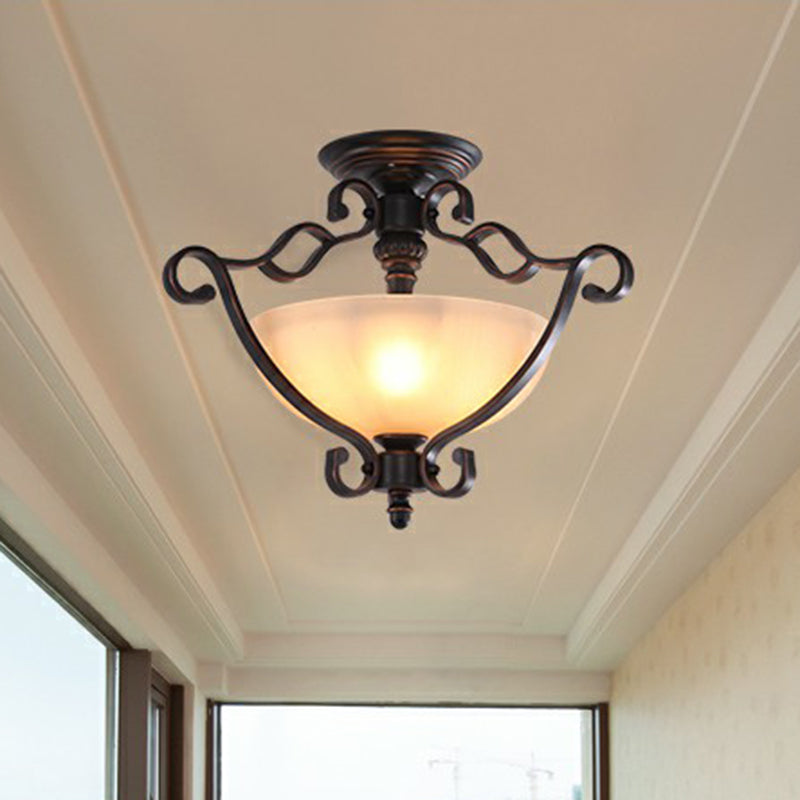 Copper Single Semi Flush Light Rustic Iron Scrolled Ceiling Flush Mount with Bowl Beige Glass Shade Clearhalo 'Ceiling Lights' 'Close To Ceiling Lights' 'Close to ceiling' 'Semi-flushmount' Lighting' 2092169