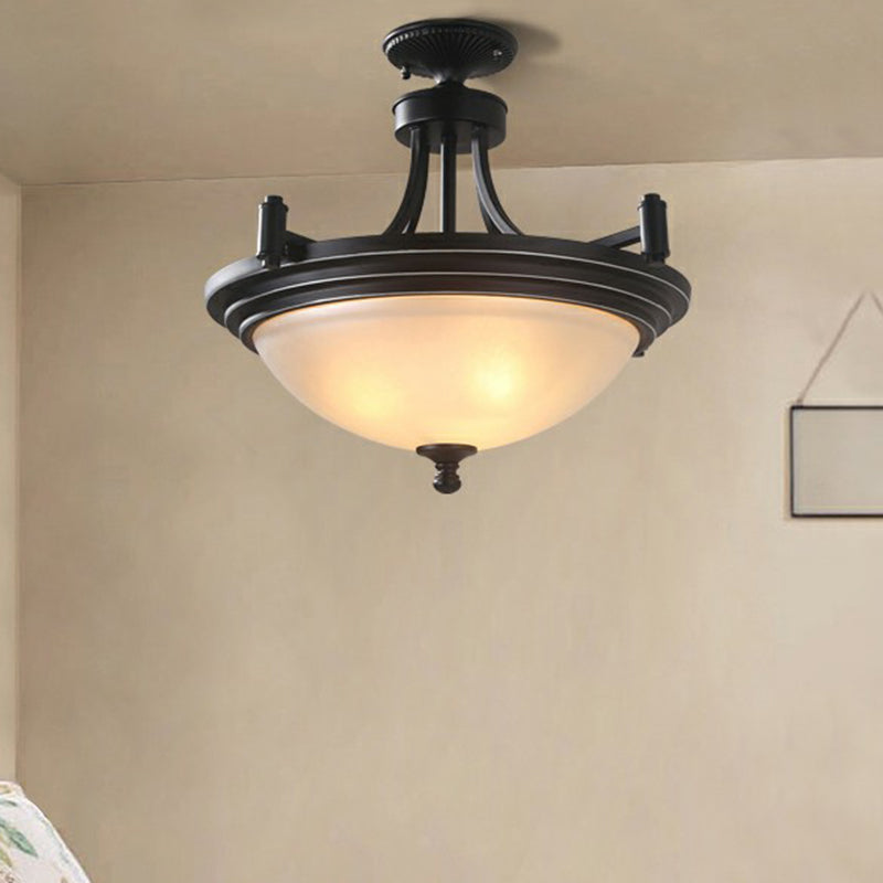 Bowl Shade Frost Glass Semi Flush Mount Vintage 3 Bulbs Entryway Ceiling Mounted Light in Black Black Clearhalo 'Ceiling Lights' 'Close To Ceiling Lights' 'Close to ceiling' 'Glass shade' 'Glass' 'Semi-flushmount' Lighting' 2092181