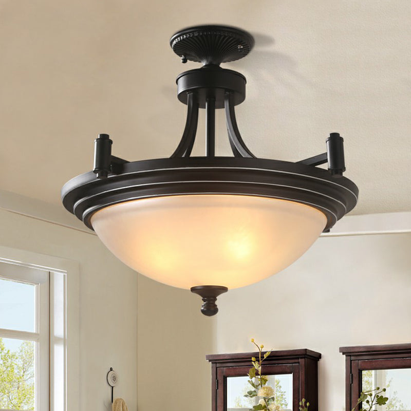 Bowl Shade Frost Glass Semi Flush Mount Vintage 3 Bulbs Entryway Ceiling Mounted Light in Black Clearhalo 'Ceiling Lights' 'Close To Ceiling Lights' 'Close to ceiling' 'Glass shade' 'Glass' 'Semi-flushmount' Lighting' 2092182
