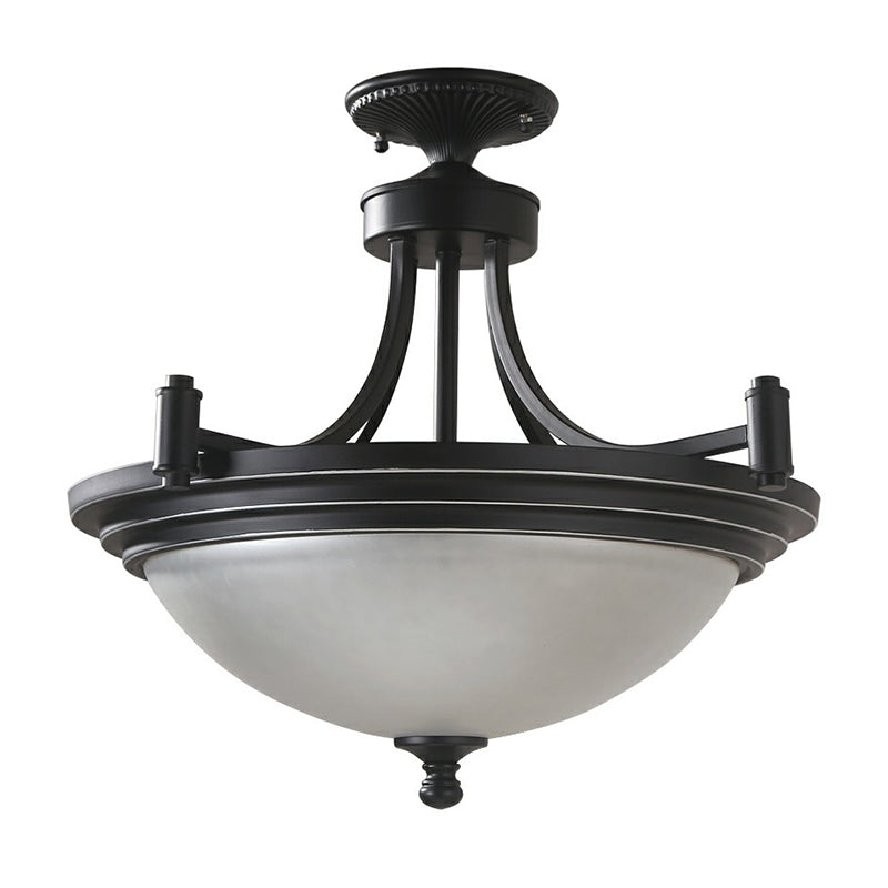Bowl Shade Frost Glass Semi Flush Mount Vintage 3 Bulbs Entryway Ceiling Mounted Light in Black Clearhalo 'Ceiling Lights' 'Close To Ceiling Lights' 'Close to ceiling' 'Glass shade' 'Glass' 'Semi-flushmount' Lighting' 2092183