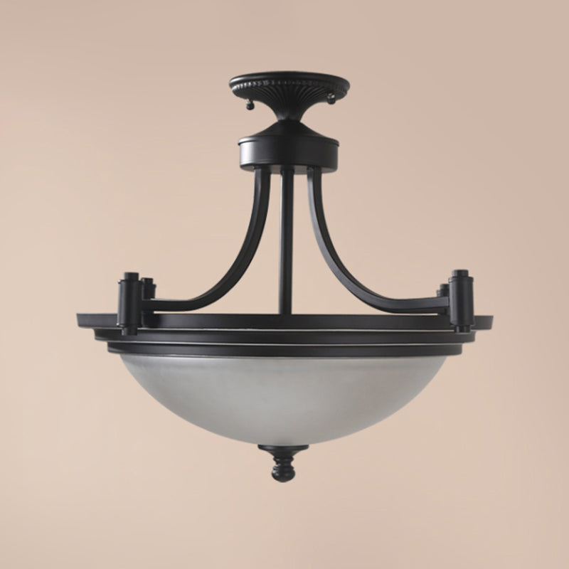 Bowl Shade Frost Glass Semi Flush Mount Vintage 3 Bulbs Entryway Ceiling Mounted Light in Black Clearhalo 'Ceiling Lights' 'Close To Ceiling Lights' 'Close to ceiling' 'Glass shade' 'Glass' 'Semi-flushmount' Lighting' 2092184