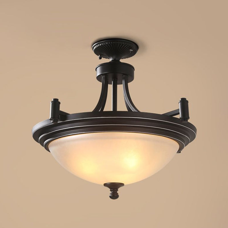 Bowl Shade Frost Glass Semi Flush Mount Vintage 3 Bulbs Entryway Ceiling Mounted Light in Black Clearhalo 'Ceiling Lights' 'Close To Ceiling Lights' 'Close to ceiling' 'Glass shade' 'Glass' 'Semi-flushmount' Lighting' 2092185