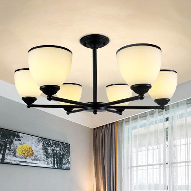 Metallic Radial Semi Flush Mount Light Retro Bedroom Ceiling Mount Chandelier with Bell Cream Glass Shade in Black 6 Black Clearhalo 'Ceiling Lights' 'Close To Ceiling Lights' 'Close to ceiling' 'Glass shade' 'Glass' 'Semi-flushmount' Lighting' 2092186