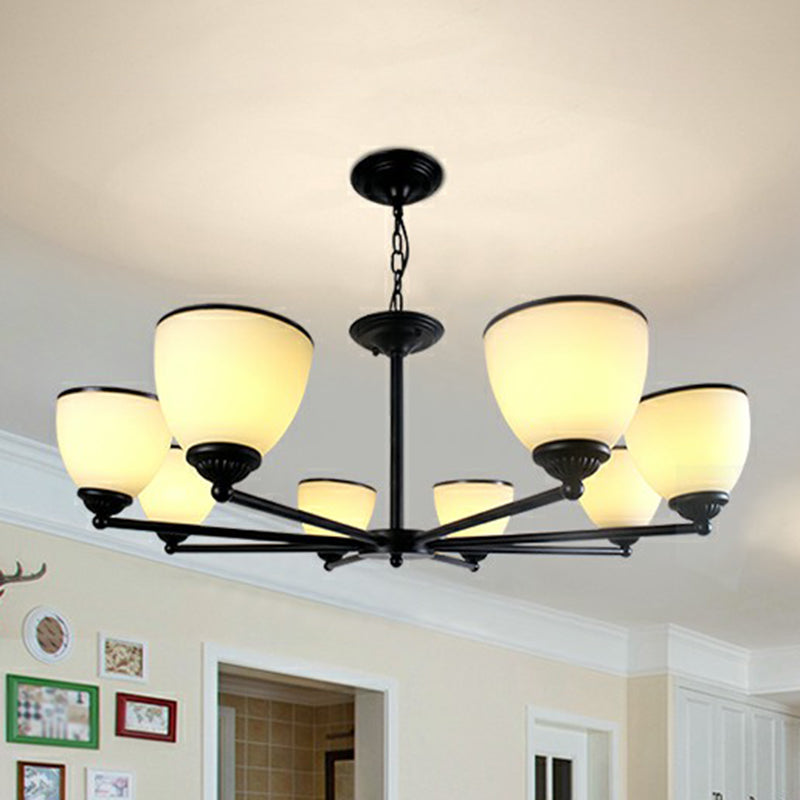 Metallic Radial Semi Flush Mount Light Retro Bedroom Ceiling Mount Chandelier with Bell Cream Glass Shade in Black Clearhalo 'Ceiling Lights' 'Close To Ceiling Lights' 'Close to ceiling' 'Glass shade' 'Glass' 'Semi-flushmount' Lighting' 2092188