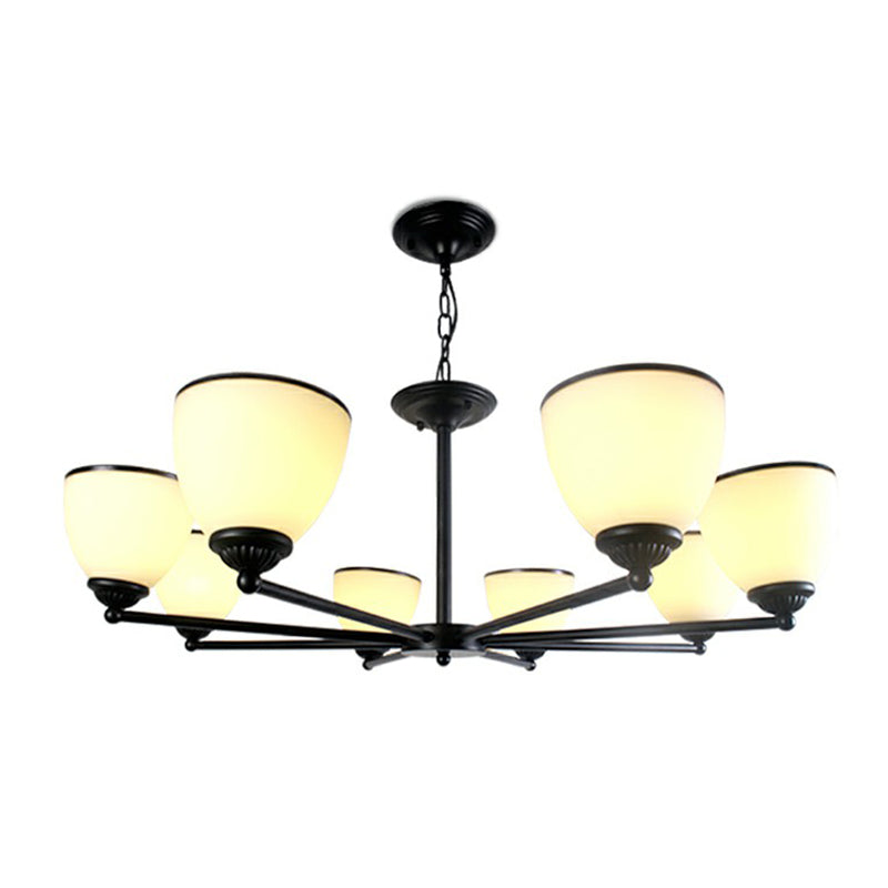 Metallic Radial Semi Flush Mount Light Retro Bedroom Ceiling Mount Chandelier with Bell Cream Glass Shade in Black Clearhalo 'Ceiling Lights' 'Close To Ceiling Lights' 'Close to ceiling' 'Glass shade' 'Glass' 'Semi-flushmount' Lighting' 2092189