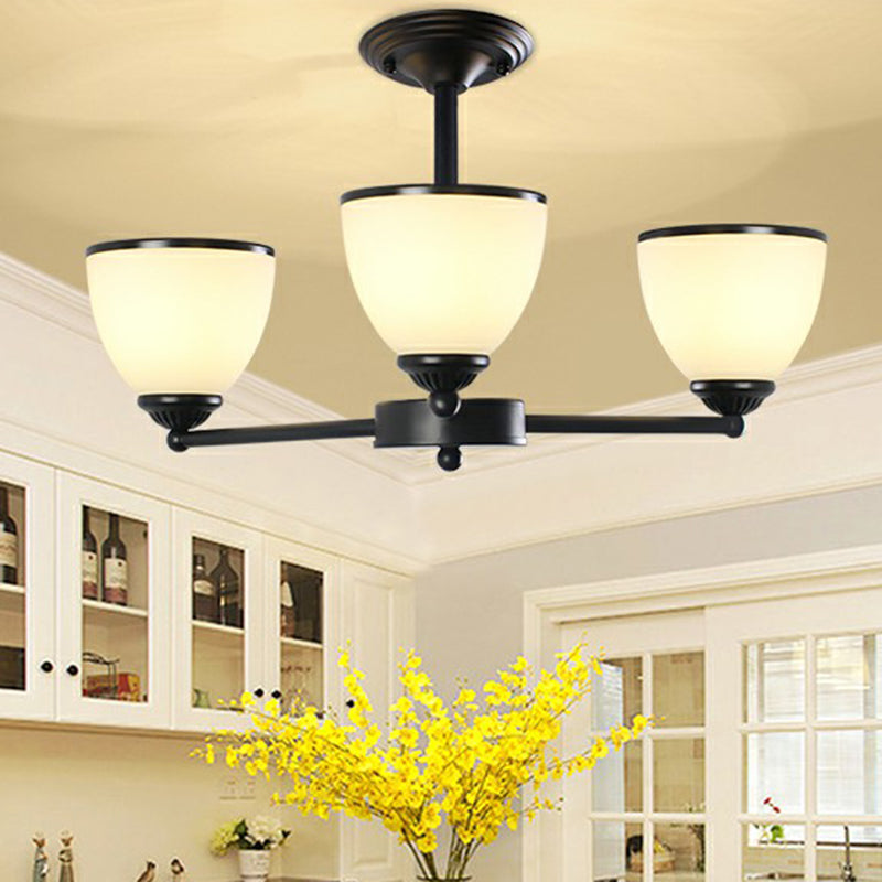 Metallic Radial Semi Flush Mount Light Retro Bedroom Ceiling Mount Chandelier with Bell Cream Glass Shade in Black 3 Black Clearhalo 'Ceiling Lights' 'Close To Ceiling Lights' 'Close to ceiling' 'Glass shade' 'Glass' 'Semi-flushmount' Lighting' 2092190
