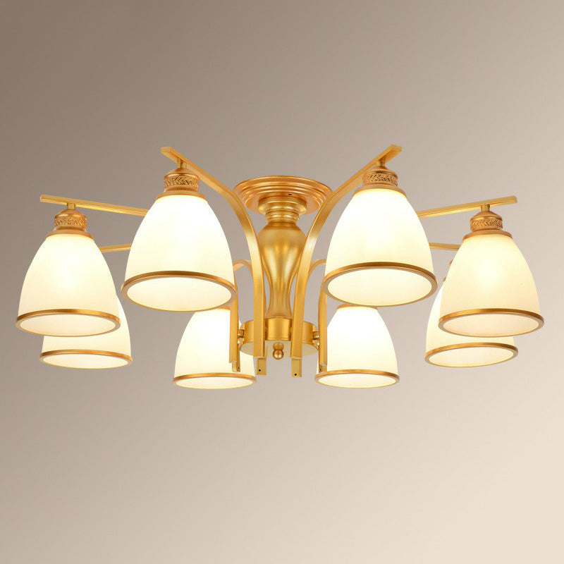 Rustic Bowl Shaped Semi Flush Frost Glass Ceiling Mount Chandelier for Living Room 8 Gold Clearhalo 'Ceiling Lights' 'Close To Ceiling Lights' 'Close to ceiling' 'Semi-flushmount' Lighting' 2092199