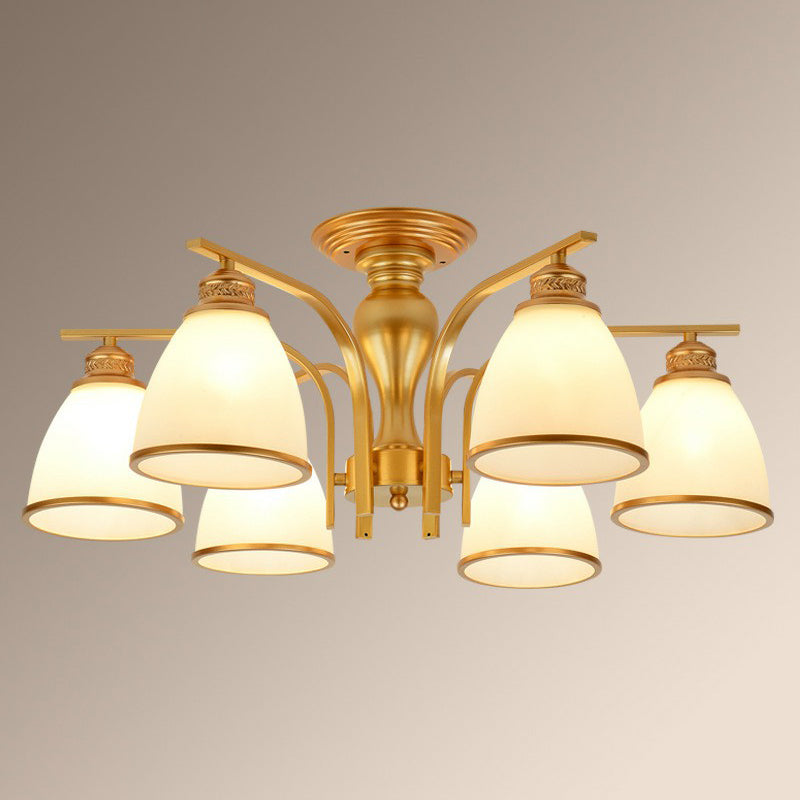 Rustic Bowl Shaped Semi Flush Frost Glass Ceiling Mount Chandelier for Living Room 6 Gold Clearhalo 'Ceiling Lights' 'Close To Ceiling Lights' 'Close to ceiling' 'Semi-flushmount' Lighting' 2092200