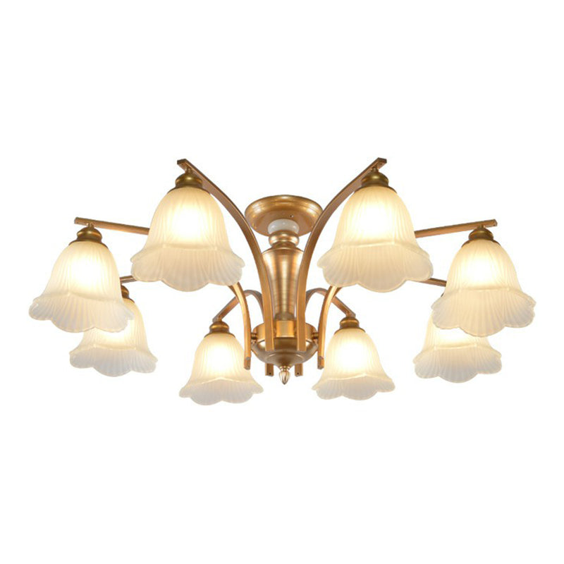 Metallic Branch Shaped Flush Mount Light Vintage Living Room Semi Flush Chandelier with Cream Glass Shade 8 Gold B Clearhalo 'Ceiling Lights' 'Close To Ceiling Lights' 'Close to ceiling' 'Semi-flushmount' Lighting' 2092216