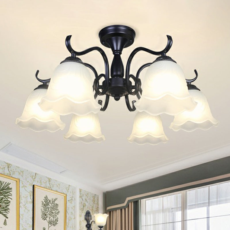 Black Bell Shaped Semi Flush Mount Vintage Opal Glass Living Room Close To Ceiling Chandelier 6 Black A Clearhalo 'Ceiling Lights' 'Close To Ceiling Lights' 'Close to ceiling' 'Semi-flushmount' Lighting' 2092248