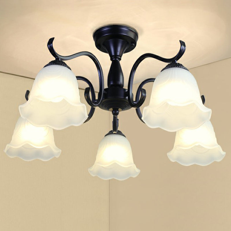 Black Bell Shaped Semi Flush Mount Vintage Opal Glass Living Room Close To Ceiling Chandelier 5 Black A Clearhalo 'Ceiling Lights' 'Close To Ceiling Lights' 'Close to ceiling' 'Semi-flushmount' Lighting' 2092249