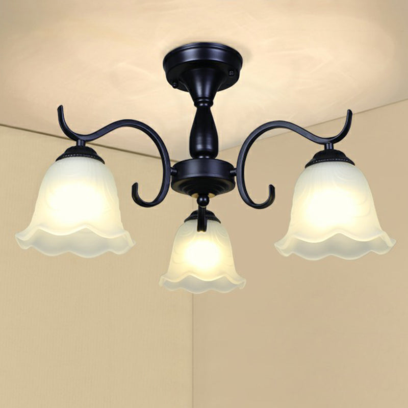 Black Bell Shaped Semi Flush Mount Vintage Opal Glass Living Room Close To Ceiling Chandelier 3 Black A Clearhalo 'Ceiling Lights' 'Close To Ceiling Lights' 'Close to ceiling' 'Semi-flushmount' Lighting' 2092251