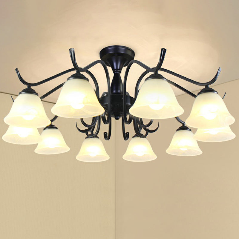 Black Bell Shaped Semi Flush Mount Vintage Opal Glass Living Room Close To Ceiling Chandelier 10 Black B Clearhalo 'Ceiling Lights' 'Close To Ceiling Lights' 'Close to ceiling' 'Semi-flushmount' Lighting' 2092252