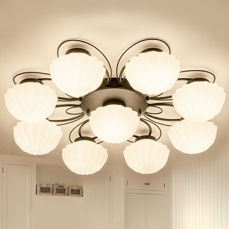 Ribbed Cream Glass Black Flush Mount Chandelier Bowl Classic Semi Flush Light Fixture for Dining Room 9 Black 2 Tiers Clearhalo 'Ceiling Lights' 'Close To Ceiling Lights' 'Close to ceiling' 'Glass shade' 'Glass' 'Semi-flushmount' Lighting' 2092267