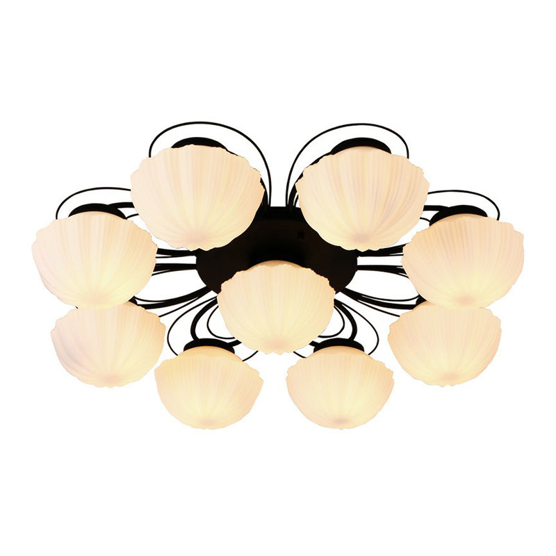 Ribbed Cream Glass Black Flush Mount Chandelier Bowl Classic Semi Flush Light Fixture for Dining Room Clearhalo 'Ceiling Lights' 'Close To Ceiling Lights' 'Close to ceiling' 'Glass shade' 'Glass' 'Semi-flushmount' Lighting' 2092270