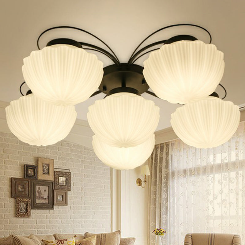 Ribbed Cream Glass Black Flush Mount Chandelier Bowl Classic Semi Flush Light Fixture for Dining Room 6 Black 2 Tiers Clearhalo 'Ceiling Lights' 'Close To Ceiling Lights' 'Close to ceiling' 'Glass shade' 'Glass' 'Semi-flushmount' Lighting' 2092271