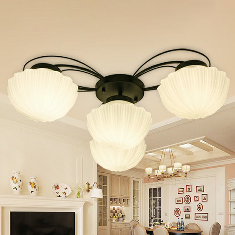Ribbed Cream Glass Black Flush Mount Chandelier Bowl Classic Semi Flush Light Fixture for Dining Room 4 Black 2 Tiers Clearhalo 'Ceiling Lights' 'Close To Ceiling Lights' 'Close to ceiling' 'Glass shade' 'Glass' 'Semi-flushmount' Lighting' 2092273