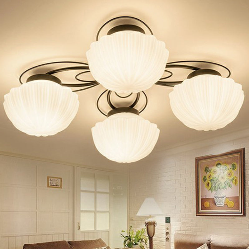 Ribbed Cream Glass Black Flush Mount Chandelier Bowl Classic Semi Flush Light Fixture for Dining Room 4 Black 1 Tier Clearhalo 'Ceiling Lights' 'Close To Ceiling Lights' 'Close to ceiling' 'Glass shade' 'Glass' 'Semi-flushmount' Lighting' 2092274