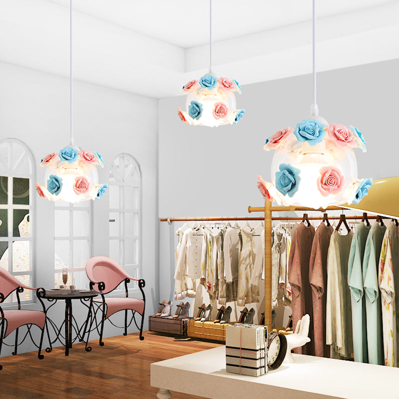 1-Light Pendant Lighting Korean Garden Rose Ceramic Suspension Light Fixture for Bedroom Clearhalo 'Ceiling Lights' 'Close To Ceiling Lights' 'Glass shade' 'Glass' 'Pendant Lights' 'Pendants' Lighting' 2092314