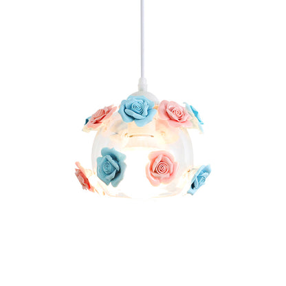 1-Light Pendant Lighting Korean Garden Rose Ceramic Suspension Light Fixture for Bedroom Blue-Pink Small Clearhalo 'Ceiling Lights' 'Close To Ceiling Lights' 'Glass shade' 'Glass' 'Pendant Lights' 'Pendants' Lighting' 2092316