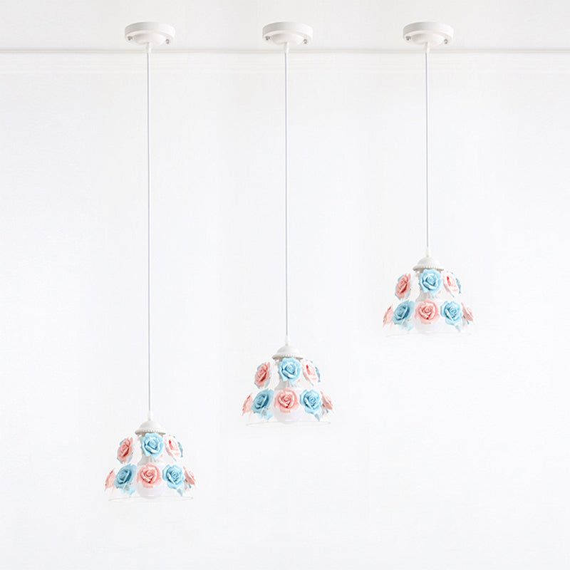 1-Light Pendant Lighting Korean Garden Rose Ceramic Suspension Light Fixture for Bedroom Clearhalo 'Ceiling Lights' 'Close To Ceiling Lights' 'Glass shade' 'Glass' 'Pendant Lights' 'Pendants' Lighting' 2092317