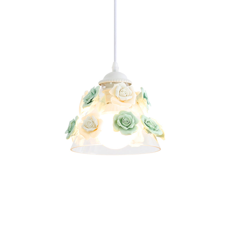 1-Light Pendant Lighting Korean Garden Rose Ceramic Suspension Light Fixture for Bedroom Clearhalo 'Ceiling Lights' 'Close To Ceiling Lights' 'Glass shade' 'Glass' 'Pendant Lights' 'Pendants' Lighting' 2092321