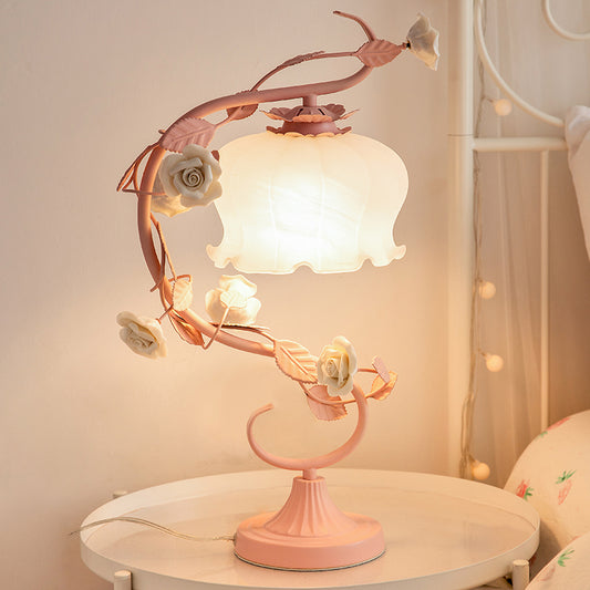 1 Head Table Lamp Pastoral Style Bud White Glass Nightstand Lighting with Ceramic Rose for Bedside Pink Clearhalo 'Lamps' 'Table Lamps' Lighting' 2092340
