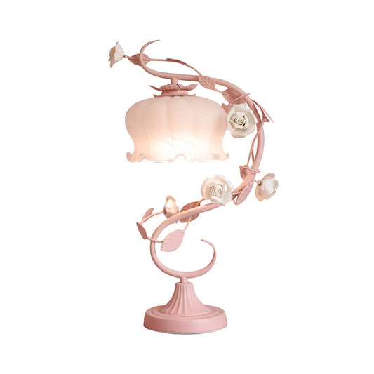 1 Head Table Lamp Pastoral Style Bud White Glass Nightstand Lighting with Ceramic Rose for Bedside Clearhalo 'Lamps' 'Table Lamps' Lighting' 2092342