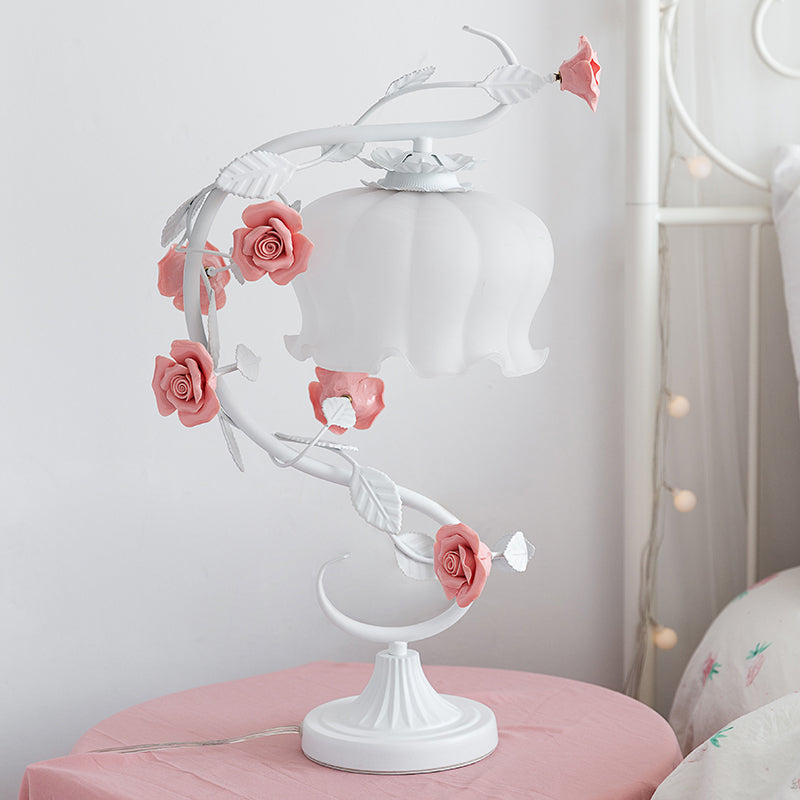 1 Head Table Lamp Pastoral Style Bud White Glass Nightstand Lighting with Ceramic Rose for Bedside White Clearhalo 'Lamps' 'Table Lamps' Lighting' 2092343