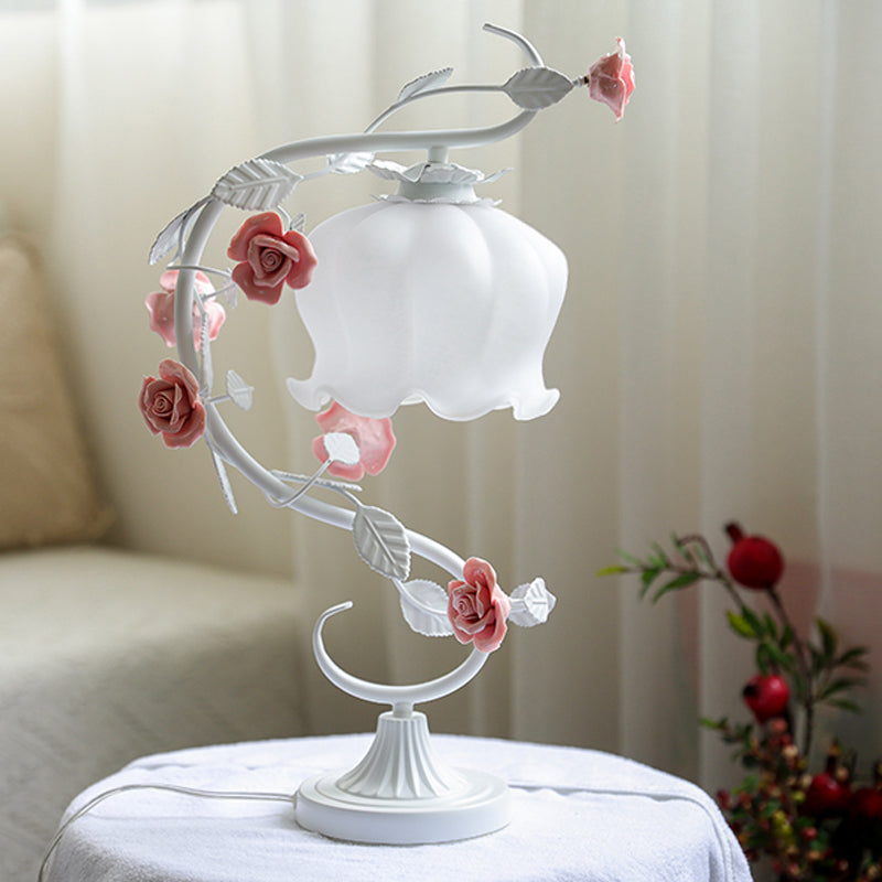 1 Head Table Lamp Pastoral Style Bud White Glass Nightstand Lighting with Ceramic Rose for Bedside Clearhalo 'Lamps' 'Table Lamps' Lighting' 2092344