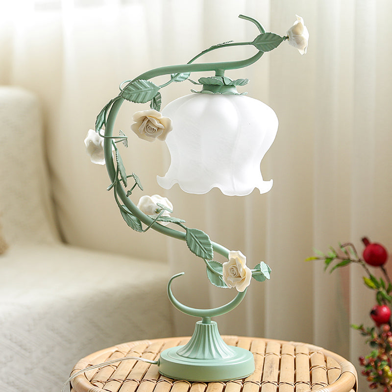 Rose Ceramic Nightstand Lamp Pastoral 1 Head Living Room Table Light with Bud Cream Glass Shade Green Clearhalo 'Lamps' 'Table Lamps' Lighting' 2092345