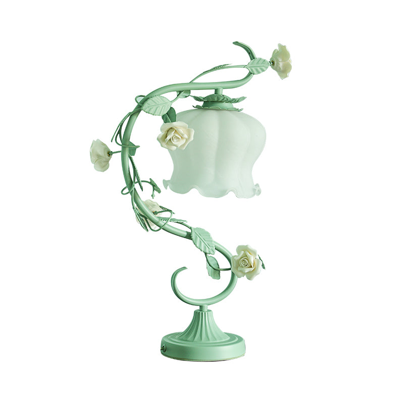 Rose Ceramic Nightstand Lamp Pastoral 1 Head Living Room Table Light with Bud Cream Glass Shade Clearhalo 'Lamps' 'Table Lamps' Lighting' 2092348