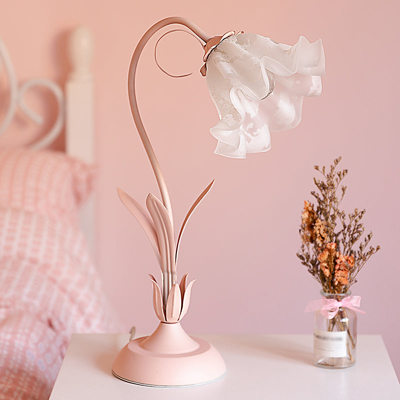 Pink Lily Shaped Table Lamp Korean Garden Opal Glass Single Bedroom Nightstand Light Clearhalo 'Lamps' 'Table Lamps' Lighting' 2092351