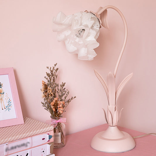 Pink Lily Shaped Table Lamp Korean Garden Opal Glass Single Bedroom Nightstand Light Clearhalo 'Lamps' 'Table Lamps' Lighting' 2092352