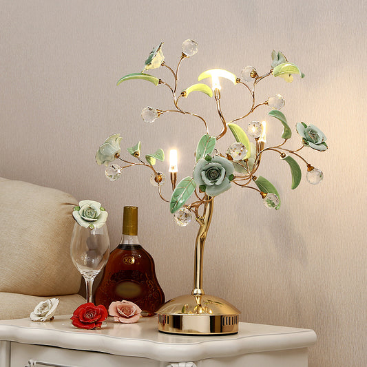 Pastoral Rosebush Table Lighting Ceramic Nightstand Lamp with Crystal Decor for Bedside 3.0 Green Clearhalo 'Lamps' 'Table Lamps' Lighting' 2092357